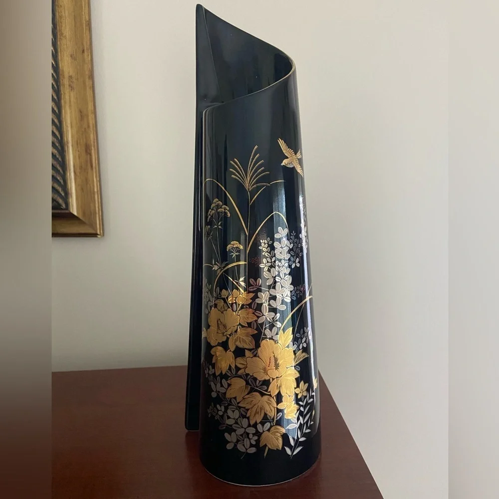 JAPAN TALL YAMAJI Wrap Black PORCELAIN VASE - Gold FLORAL & BIRD DESIGN